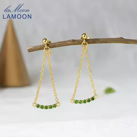 LAMOON Vingate Natural Diopside For Women Gemstone Bohe Drop Earring 925 Sterling Silver Gold Vermei