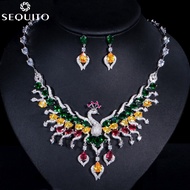 SEQUITOออกแบบพิเศษMulticolor Cubic Zircon Statement Big Phoenixจี้สร้อยคอต่างหูVintageอัญมณีชาติพันธ