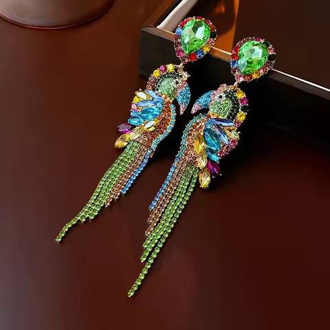 Shining Colorful Rhinestones Parrot Dangle Earings for Women Dedicate Long Tassel Water Drop Animal 