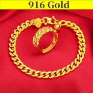 Gold 916 Original Singapore Bracelet for Women Korean Style Chain Bangle Jewellery Bangles Men Bracelet+Adjustable Ring