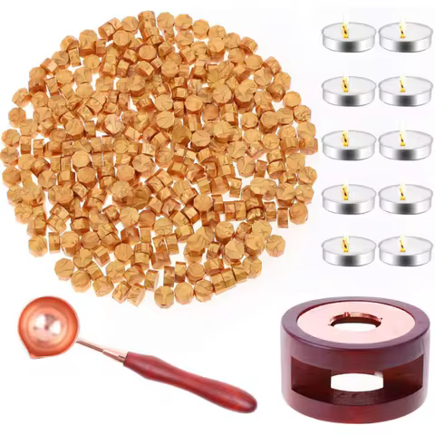 Wax Seal Set Includes 200 Gold Wax Seal Beads, 1 Wax Seal Warmer, 1 Wax Spoon And 10 White Tealight 