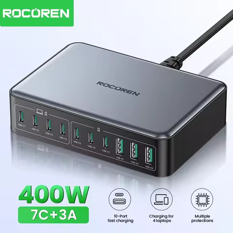 Rocoren 400W USB Type C Fast Charger Portable 200W Desktop Power Station Type-C Gan Charger For iPho