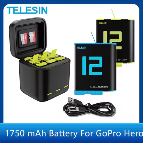 TELESIN 1750 mAh Battery For GoPro Hero 12 11 10 9 Optional Fast Charger Box TF Card Storage For GoP