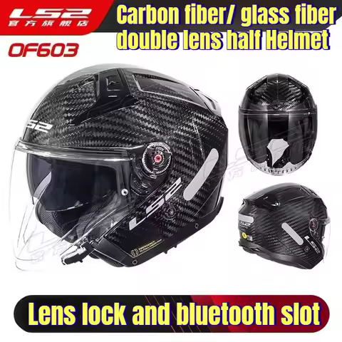 LS2 Carbon Fiber Motorcycle Helmet Men Women Four Seasons Double Lens Half Helmet Electric Vehicle T