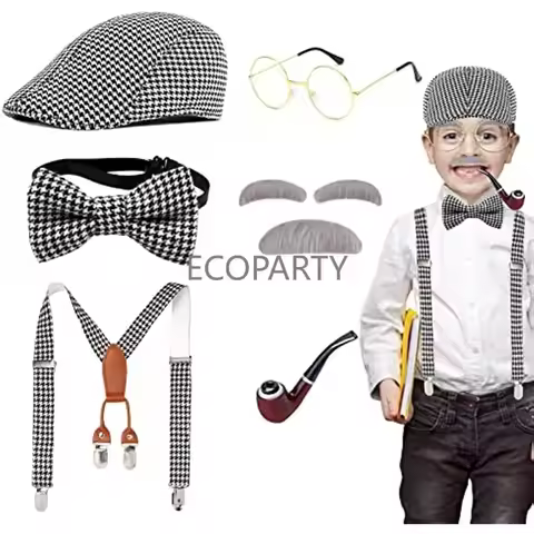 Old Man Costume for Kids100th Day of School Grandpa Costume Accessories Including Beret Hat Suspende