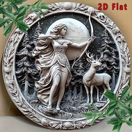 Artemis Goddess Moon and Deer Metal Wall Art, Round Celestial Hunting Scene, Durable Round Aluminum 