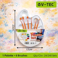 1 Set of Painting Palette + Brush 6Pcs V-TEC Palette White Oval Plastic RD-1725 BR