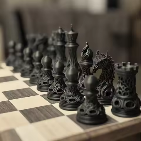 32pcs Gothic Dragon Chess Pieces Set Black White 3D Printed Hollow Design Tabletop Ornament Gift for