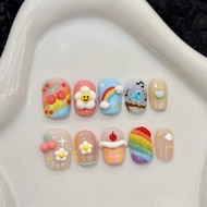 3D Kawaii Handmade Fake Nails Ultra Short Length 16mm Cute Design Rainbow Cherry Design XS S M L Siz