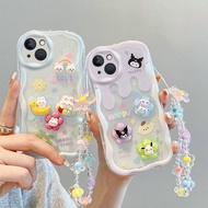 Casing iPhone 15 TPU Gelas telefon bimbit krim boneka 3D comel dengan tali tangan yang cantik BBNYGZ