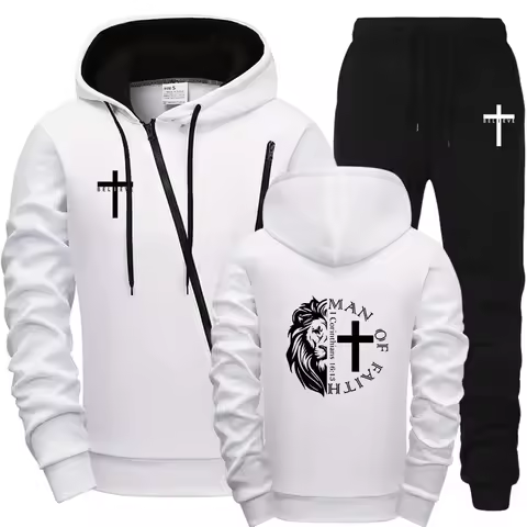 Mens Street Style Rider 2026 Diagonal Zipper Hoodie with Joggers Urban Streetwear Tracksuit Jesus Ma