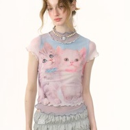 ziziFei夏設計感美式網紗短款上衣小高領假兩件貓咪印花短袖t恤女