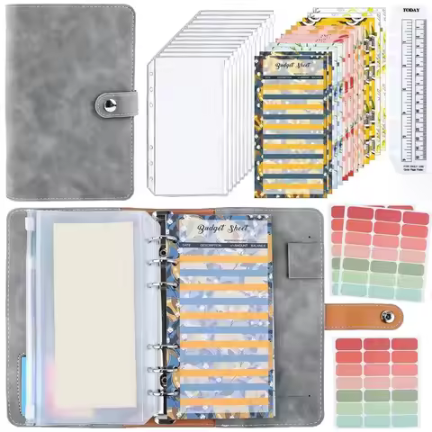 PU A6 Soft Budget Binder Planner Colorful 6 Hole Binder Pockets Notebook Binder with 12pcs A6 Binder