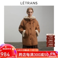 LETRANS元一丹麦之冬 羊剪绒外套女连帽短款仿皮毛一体羊羔毛皮草 棕黄色 S