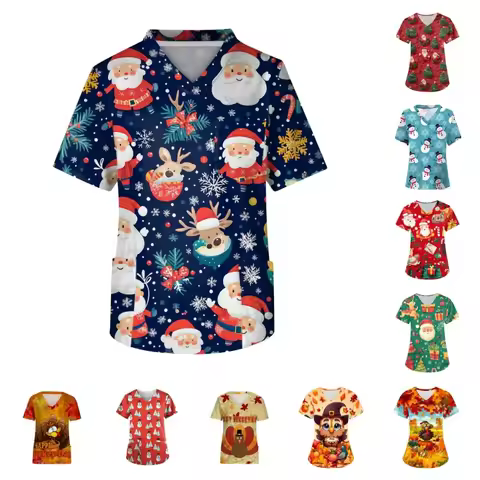 Women Nurse Uniform Christmas Thanksgiving 3d Print V-Neck Pocket Medical Uniforms Cartoon Nursing S