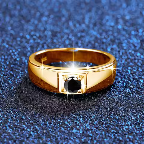 Yellow Gold Mens 0.3ct 4mm Natural Black Moissanite Ring With Certificate Trend Mens Fraternity Sign