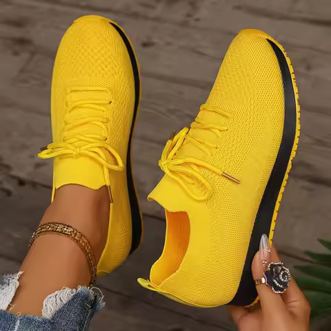 Women Casual Shoes Fashion Walking Breathable Mesh Sneakers Woman Yellow Sneakers Flat Knit Summer W