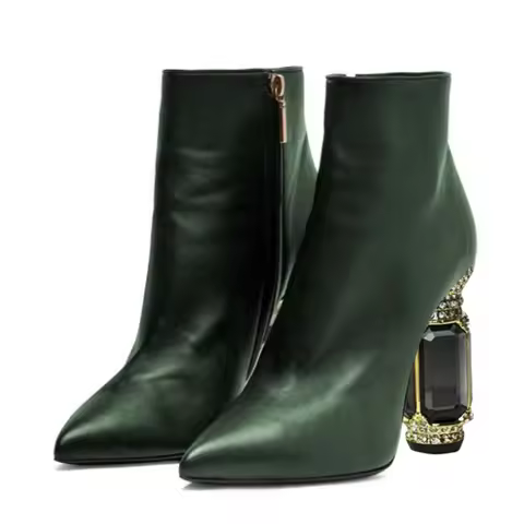 DIZHUANG shoes Fashionable women's high-heeled boots. About 10.5cm heel height. Dark green ankle boo