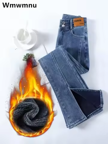 Thicken Button Skinny Denim Pants Winter Plus Velvet Lined Split Flare Jeans High Waist Warm Vaquero