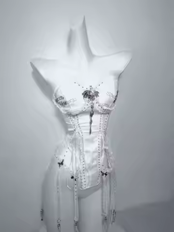 TDH Heavy Industries Handmade Pure White Gothic Black Strap Drawstring Chest With Bird Cage Design, 