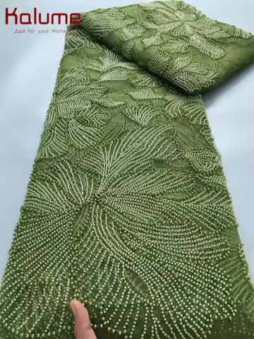 Kalume Green French Mesh Lace Fabric Beads African Lace Fabrics Nigerian Mesh Lace Fabric For Diy Dr
