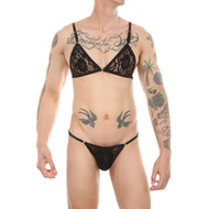 ABAFIP Men's Sissy Bikini Crossdressing Lingerie Sheer Floral Lace Bra Low Rise Mesh Panties Crossdr