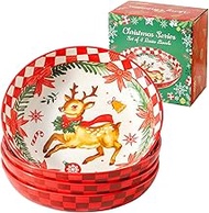Christmas Collection 42 OZ Pasta Plates Bowls Set of 4, Design Ideal for Family Gatherings Dinners P