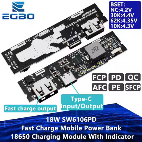 QC3.0 QC2.0 Dual USB 18W Type-C USB SW6106PD Fast Charge Mobile Power Bank 18650 Charging Module Wit