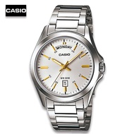 Velashop  นาฬิกาข้อมือผู้ชายคาสิโอ Casio Standard สายสแตนเลส รุ่น MTP-1370D-7A2VDF, MTP-1370D-7A2, MTP-1370D หน้าปัดเงินขีดทอง