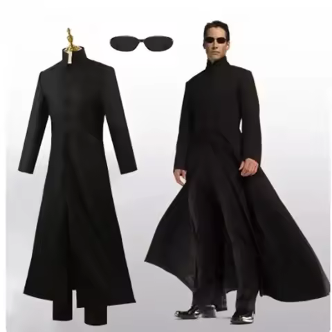 Men Matrix Neo Cosplay Full Set Custom Made Black Trench Coat Costume Outfit With Matching Props For