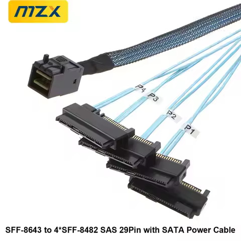 MZX SFF-8643 to 4 SFF-8482 with 29Pin SATA Power Connector Mini-SAS to SAS Cable 2-in-1 Adapter 50cm