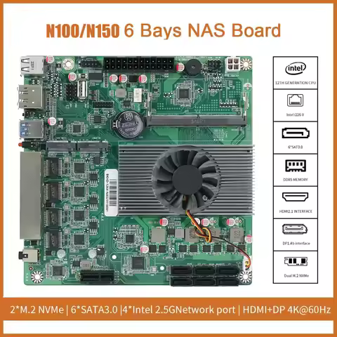 N100/N150 NAS DDR5 Motherboard 6* SATA3.0 4 Intel I226 2.5G Mini ITX 17x17CM 2* M.2 1XPCIE For Soft 