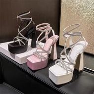 European and American rhinestone slim strap high heels sandals fashionable square toe exposed 15cm h