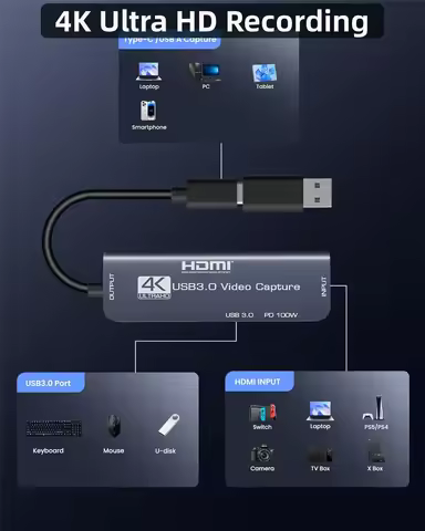 Navceker USB3.0 Video Capture Card with 100W PD USB C to USB A/USB C Live and Record Video Audio Gam