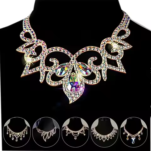 Handmade Crystal Rhinestone Necklace Belly Dance Performances Jewelry Gypsy Dancing Accessories Colo