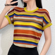 Casual Rainbow Stripe Colorblock T-Shirt for Women L129ED333