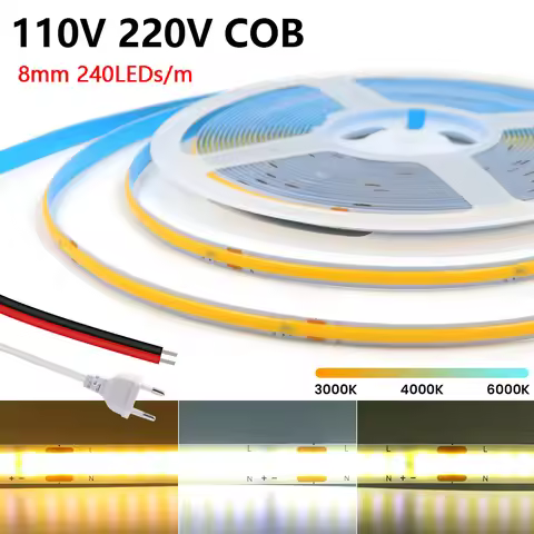 110V 220V COB LED Super Bright Strip Light 240LEDs 2PIN Wire Tape Flex Ribbon EU US Power Kit 5M 10M