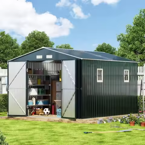 10X12X7.5 FT Outdoor Steel Storage Shed with Lockable Doors, 2 Windows, Transparent Roof Panels (Woo