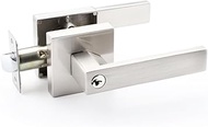 Bonpoly 1 Pack Door Handles with Lock and Key, Satin Nickel Entrance Door Lock/Door Lever, Bedroom Bathroom Front Door Leverset Lockset, Keyed Alike/Combo Keys, Left or Right Handing