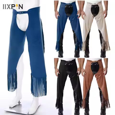 Men Suede Fringe Cowboy Pants Vintage Tassels Gothic Steampunk Chaps Pants Halloween Dress Up Party 