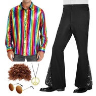 Men's 70s Disco Outfit Costume Set Retro Bell Bottom Shirts Wigs Necklace Sunglasses for Halloween C
