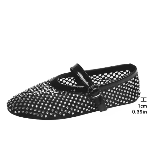 Summer Rhinestone Mesh Hollow Sandals Plus Size 43 Women Flats Shallow 2024 New Mary Jane Shoes Comf