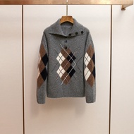 maje Women's Autumn and Winter New Style Elegant Casual Half-Button High-Neck Argyle Knit Sweater