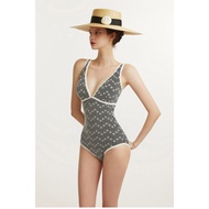 1-Piece Pink Checkered Bikini with Lace-up Collar Shows off Korean Style Back