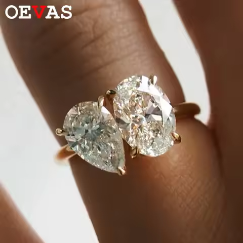 OEVAS 2 Stones Pear/Oval Cut 2ct Moissanite Rings S925 Silver Toi et Moi Wedding Rings For Women Eng