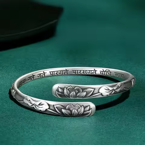Vintage 925 Thai Silver Lotus Flower Cuff Bracelet for Women Om Mani Padme Hum Buddhism Ethnic Adjus