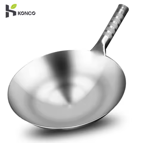 Konco High Quality Stir-Fry Pan Stainless Steel Saute Pan Gas Stoves Frying Pan Chinese Handmade Wok