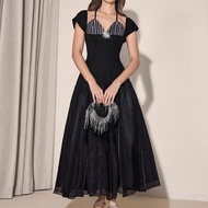 Women's Elegant Party Striped Splice Rhinestone Decor Long Dress Midi Cocktail Dress Black Elegant D