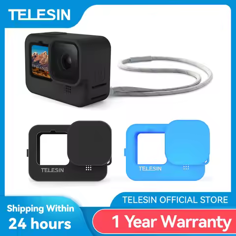 TELESIN Soft Silicone Case For GoPro 9 10 11 12 Lens Cap Blue Black Adjustable Hand Wrist Strap For 