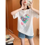 [Fei Fanmei] T-Shirt Girls Korean Version Crochet Hollow Lace Shirt Women Short-Sleeved Heart Printed T-Shirt Top Summer New Style Large Size Age-Reducing Thin Style